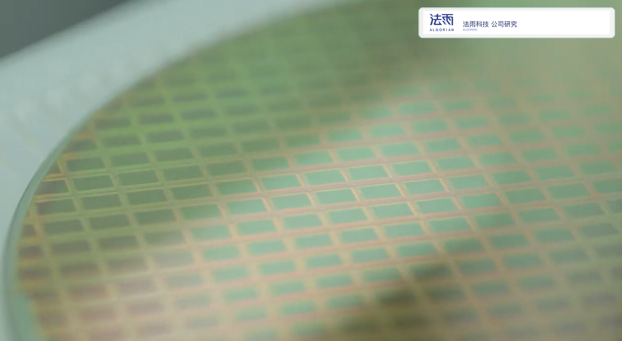 AI 芯片晶圆特写，表面布满整齐排列的芯片单元